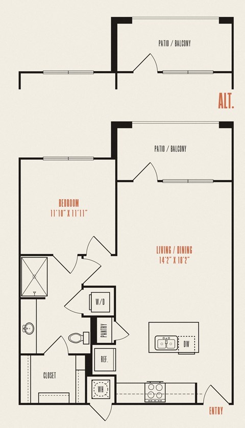Floor plan for 1 bed, 1 bath, 738 sqft